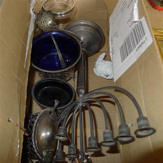 Silver sugar basket, part silver cruet, silver menorah and a silver rim preserve jug